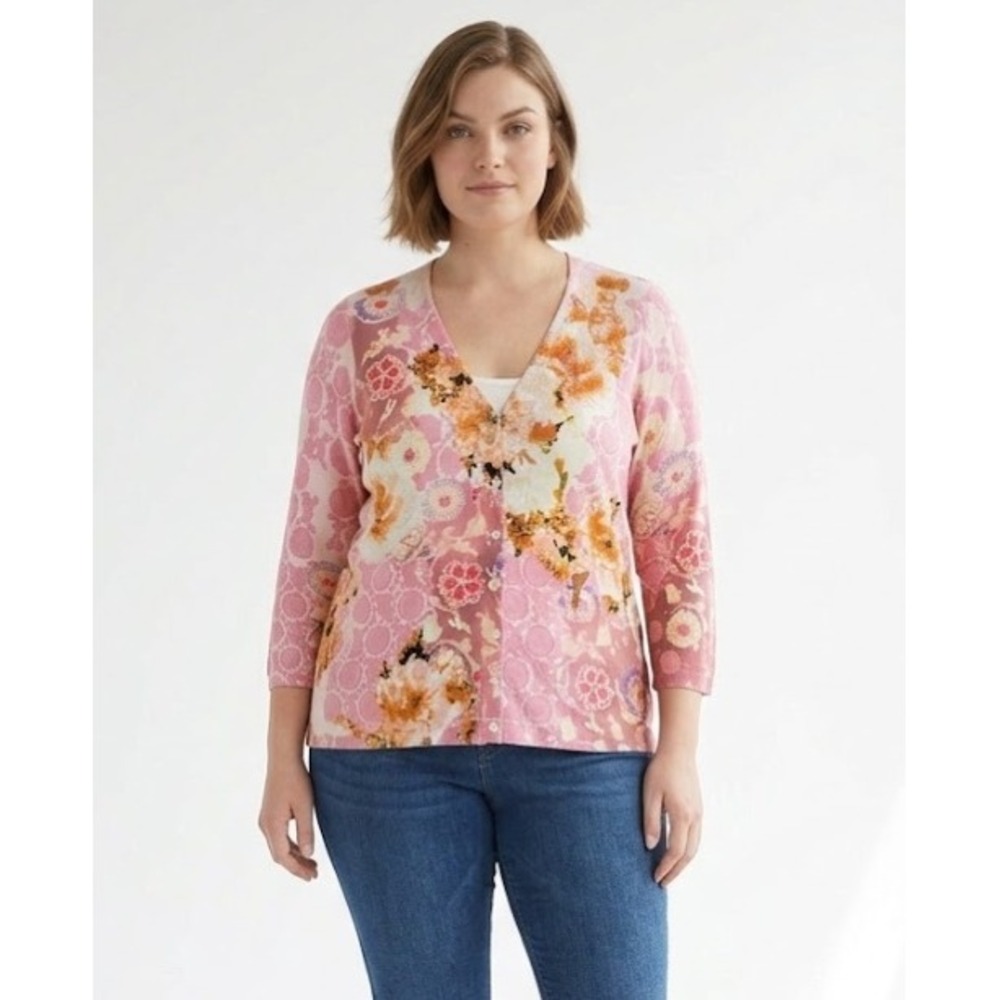 BCBGMaxAzria size XL Colorful Floral V Neck 3/4 Sleeve Soft Knit Button Cardigan